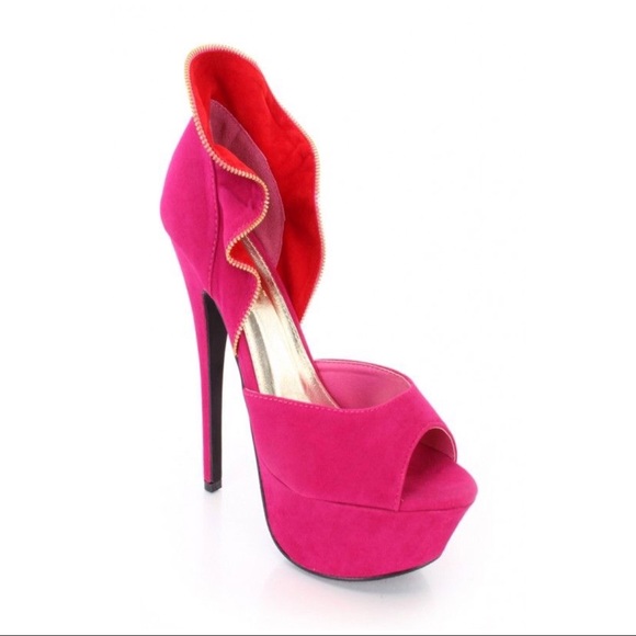 Fuchsia Zipper Trim Collar Platform Heels Suede!. - Picture 4 of 6